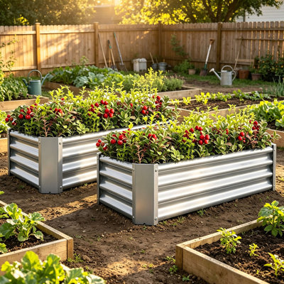 Galvanized Metal Rectangular Outdoor Planters Raised Garden Bed (Set of 2)
