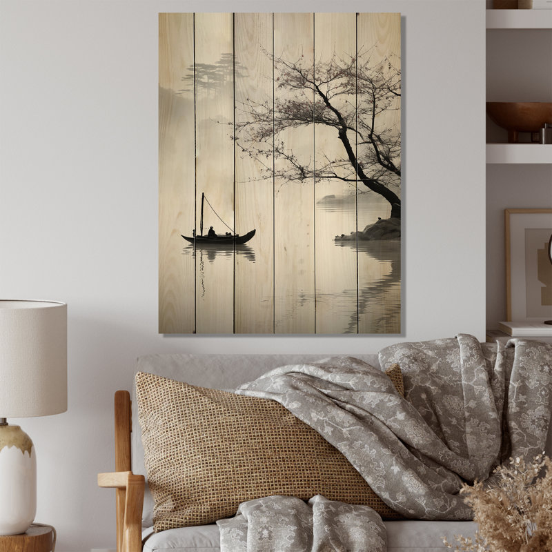 Art asiatique, bateau, impression monochrome sur bois, H 40 po x l 30 po x P 0,78 po
