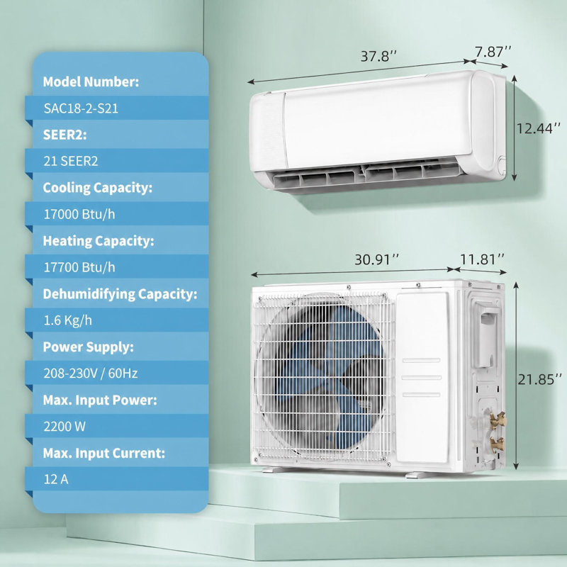 21 SEER2 18000 BTU mini pompe à chaleur alternative et à chaleur divisée, refroidit / chauffe jusqu'à 1250 pieds carrés, 230V