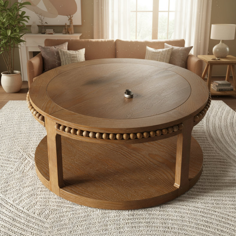 Table basse en bois massif (noyer rond) avec deux plateaux de table épaissis et des pieds robustes, convient aux décors de salon