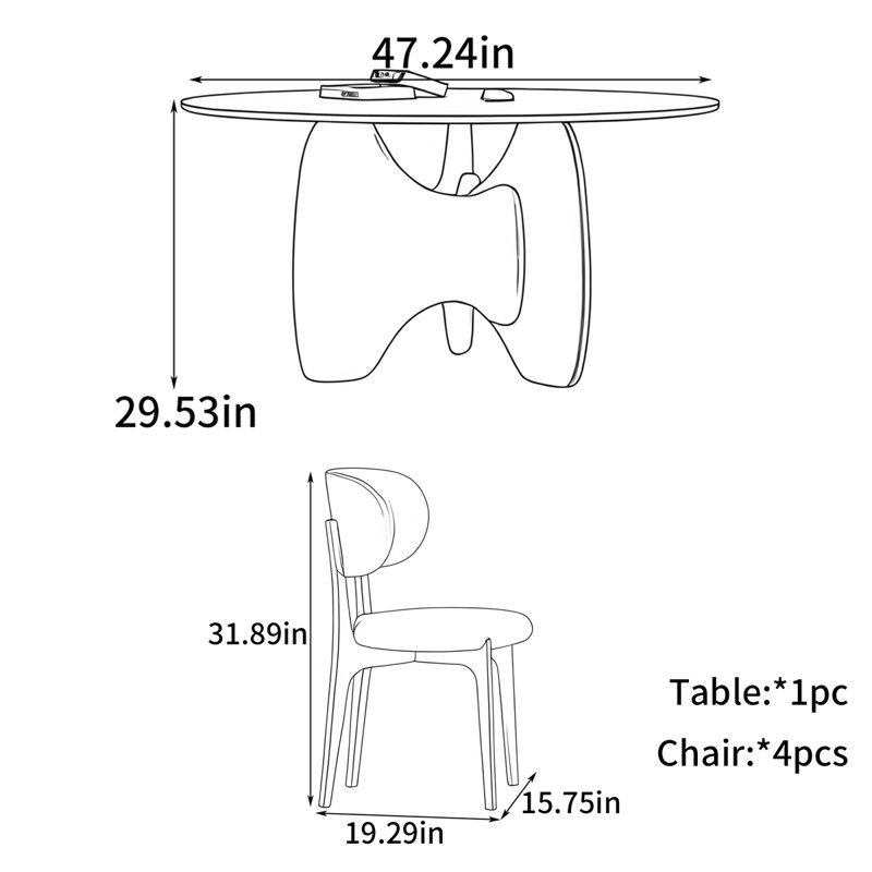 Retro round dining table, 5 Pieces: Table, 4 Chairs, 29.53"H x 47.24"L x 47.24"W