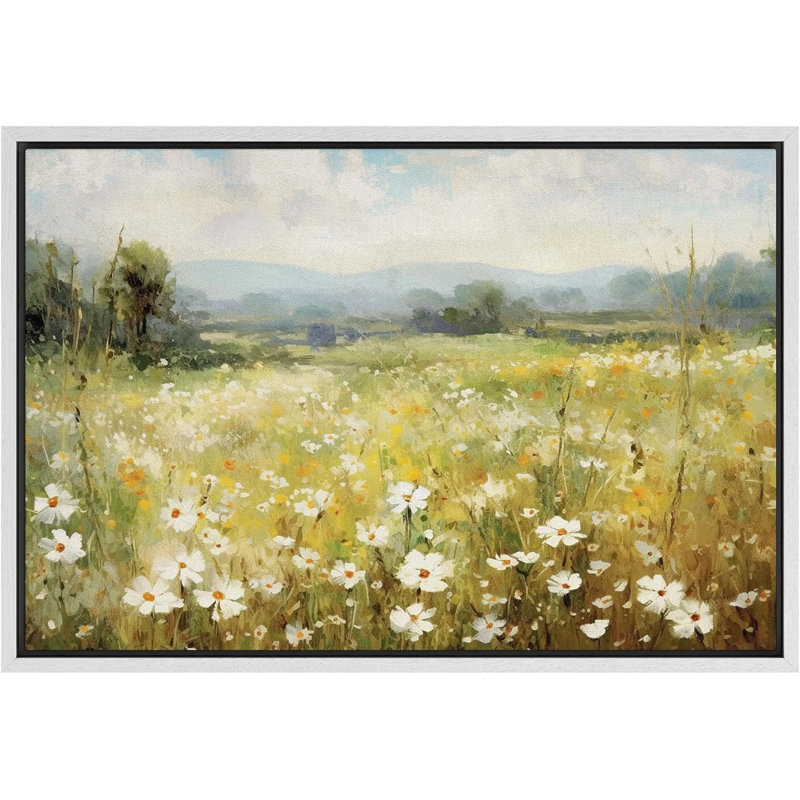 «Vibrant Wildflower White Daisy Flowers Meadow», impression sur toile, H 24 po x l 36 po, Reproduction avec cadre flottant