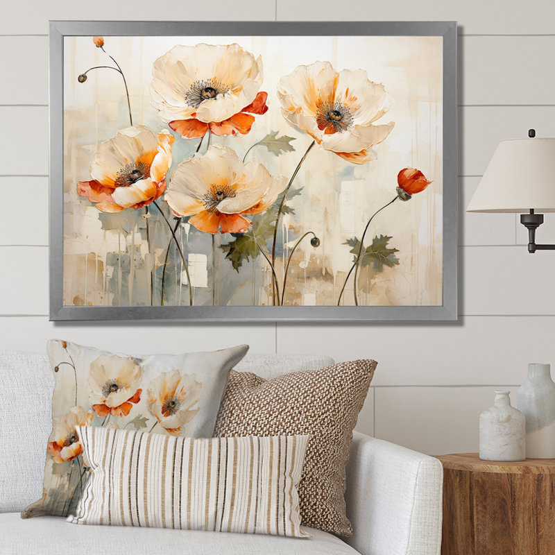 Beige «Poppy Meadow Melody II», art mural coquelicots, Cadre simple noir, H 12 po x l 20 po x P 1 po