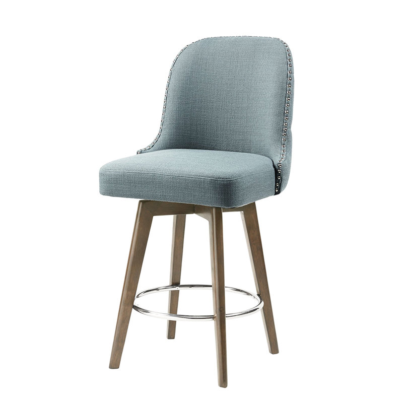 Tabouret de comptoir pivotant en tissu bleu, pieds en bois massif, repose-pieds argent poli, assemblage requis avec siège en anneau en métal