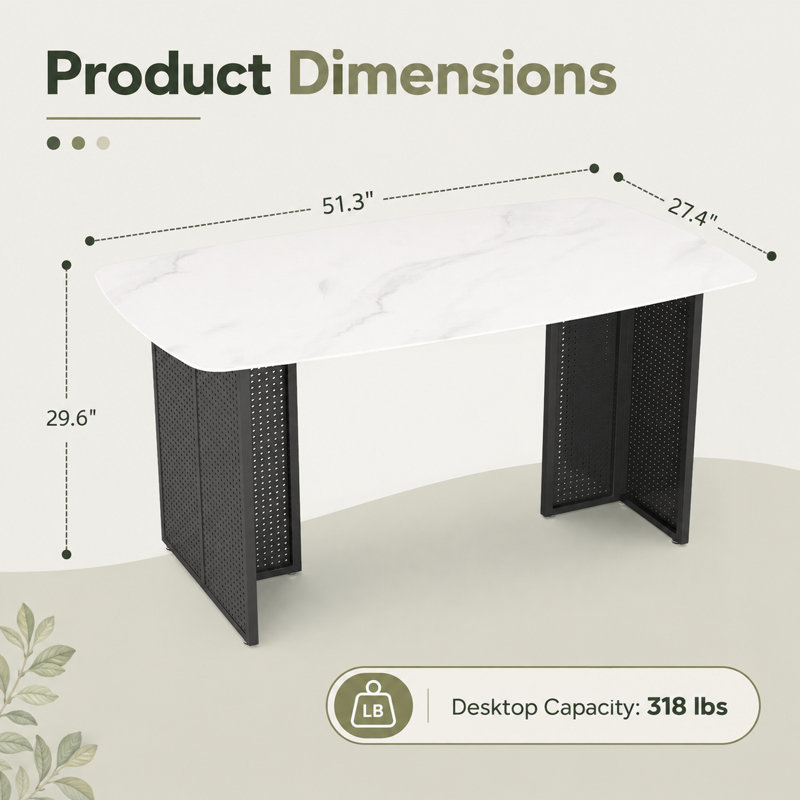 Table de salle à manger moderne en verre trempé rectangulaire pour six personnes, avec un plateau en marbre et des pieds en métal noir ajouré; convient aux salons et aux bureaux à domicile.