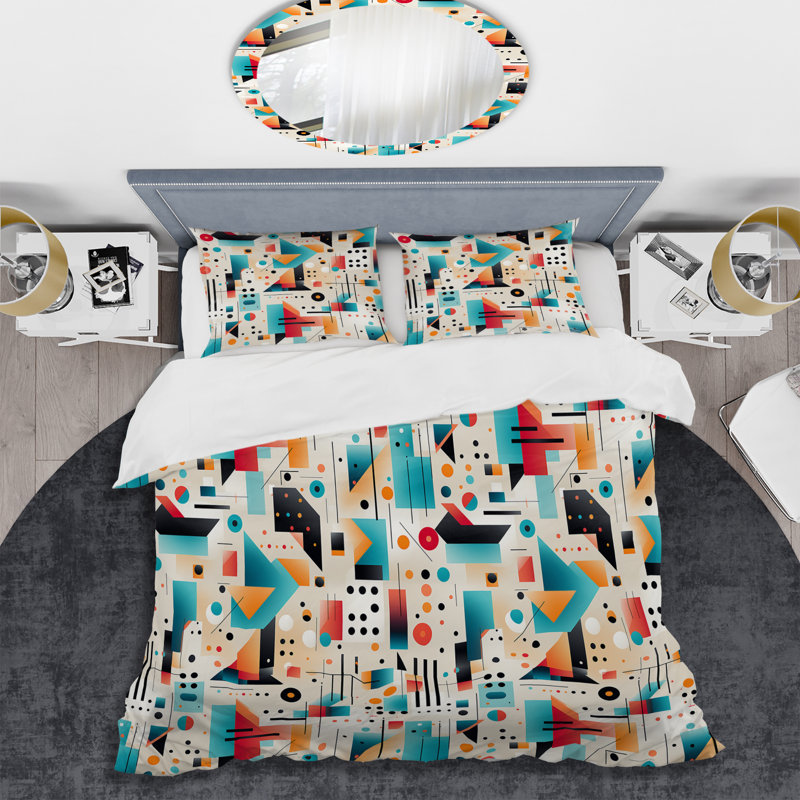 Ensemble de housse de couette à motif géométrique Midcentury, Housse de couette simple + 1 taie décorative stan
