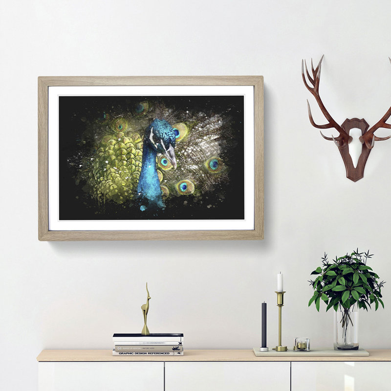 Dazzling Peacock Bird Paint Splash - Picture Frame Graphic Art, 62cm H x 87cm W x 2cm D, Oak Framed