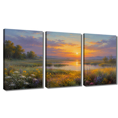 3 panneaux muraux, coucher de soleil sur la rivière Wildflower, reproduction d'art sur toile tendue