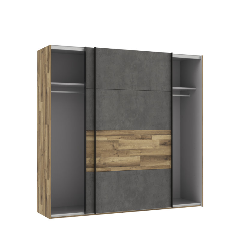 Huguley 2 Door Manufactured Wood Wardrobe, 210.5cm H x 220.1cm W x 61.2cm D, Dark Grey/Oak