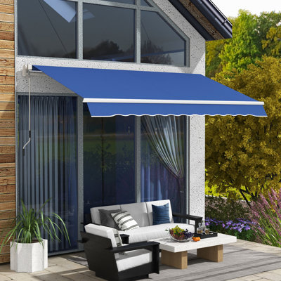 Auvent de balcon rétractable 12 'x 10' et eau - tissu 280g / m², manivelle manuelle, cadre en aluminium pour terrasse, cour, bleu foncé, différentes surfaces murales de patio, bleu