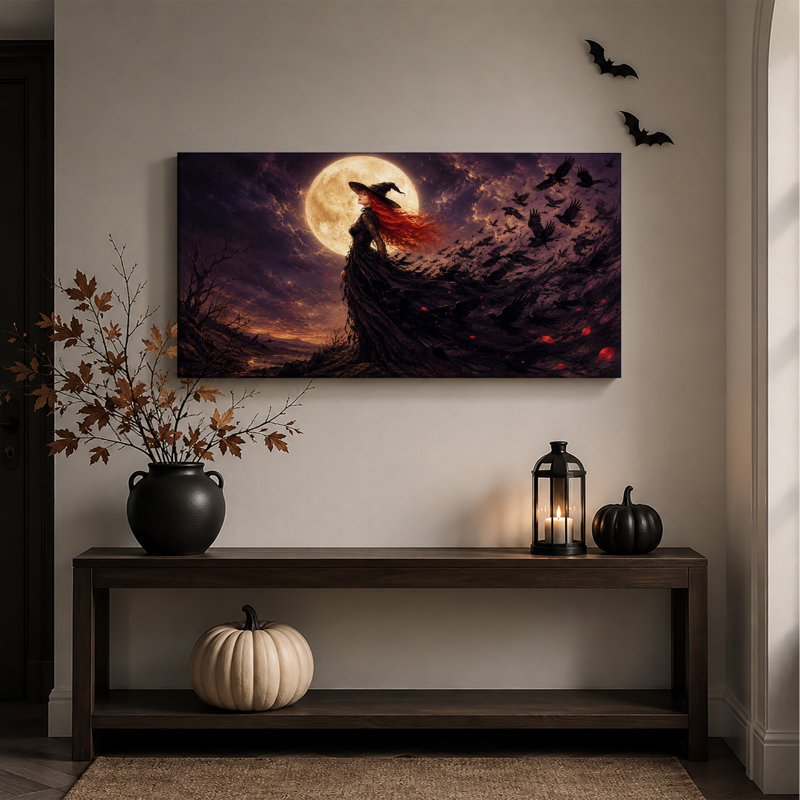 Sorcière aux longs cheveux roux et corbeaux sous une toile murale d'Halloween, L 32 po x H 16 po