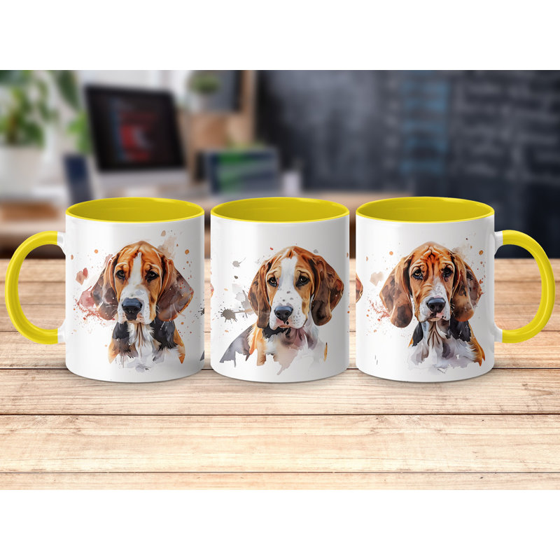 11oz Watercolour Basset Hound Design Coffee Mug, Yellow, 3