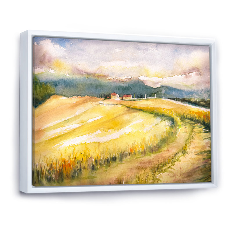 «Italian Blossoming Hayfields», peinture sur toile, H 12 po x l 20 po, Cadre flottant blanc