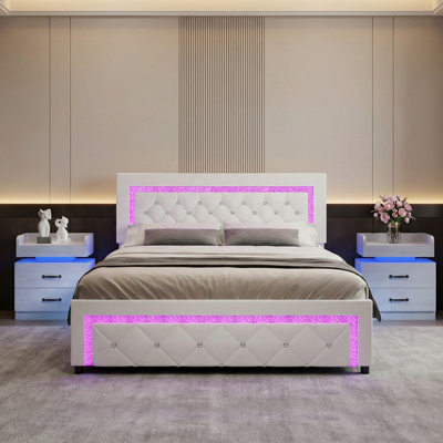 3-Piece LED Bedroom Set with Upholstered Platform Bed, 2 Matching Nightstands, Tufted Headboard, Multicolor Bed Lights, USB Ports and Outlets