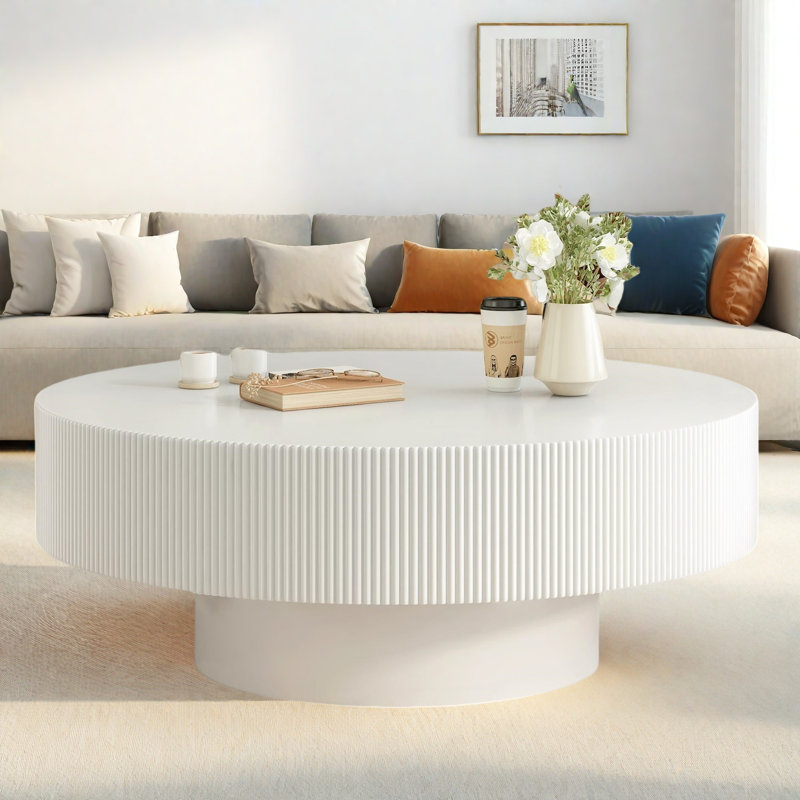 Modern Minimalist Round Coffee Table | 6.8'' Thick Fluted Tabletop | Sturdy Base | Easy Assembly for Living Room, White