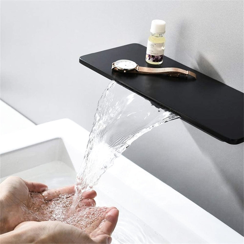 Matte Black Waterfall Bathroom Sink Faucet - Brass, Single For Convenient Water Temperature And Flow Management, Compact Installation Design Brass Quality, & Adjusting, Space Optimization