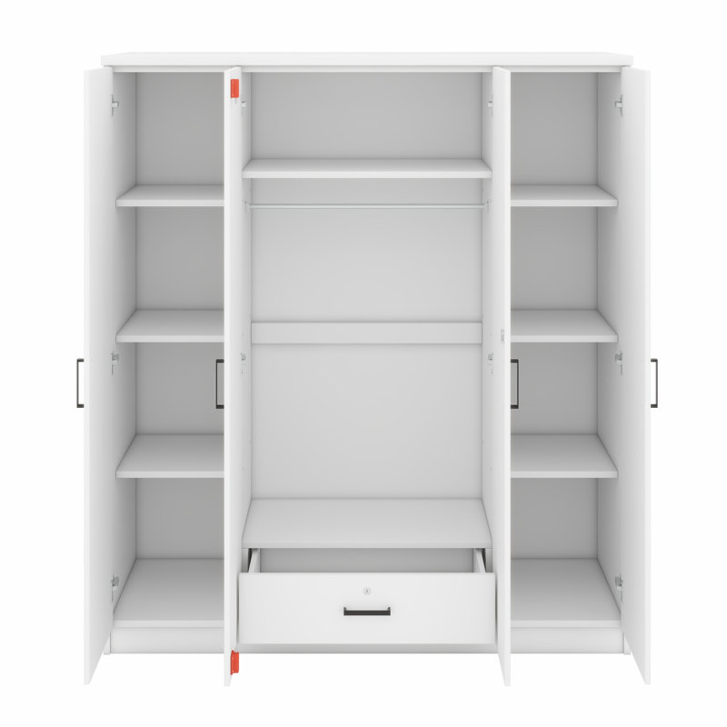 Armoire-penderie 4 portes avec 1 tiroir et 1 tablette, armoire moderne en bois avec tringle, Blanc