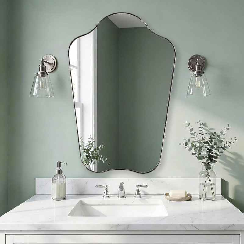 Contemporary Dual Arch Scalloped Bathroom Vanity Mirror | Stainless Steel Frame, Brushed Nickel, 36" x 24"