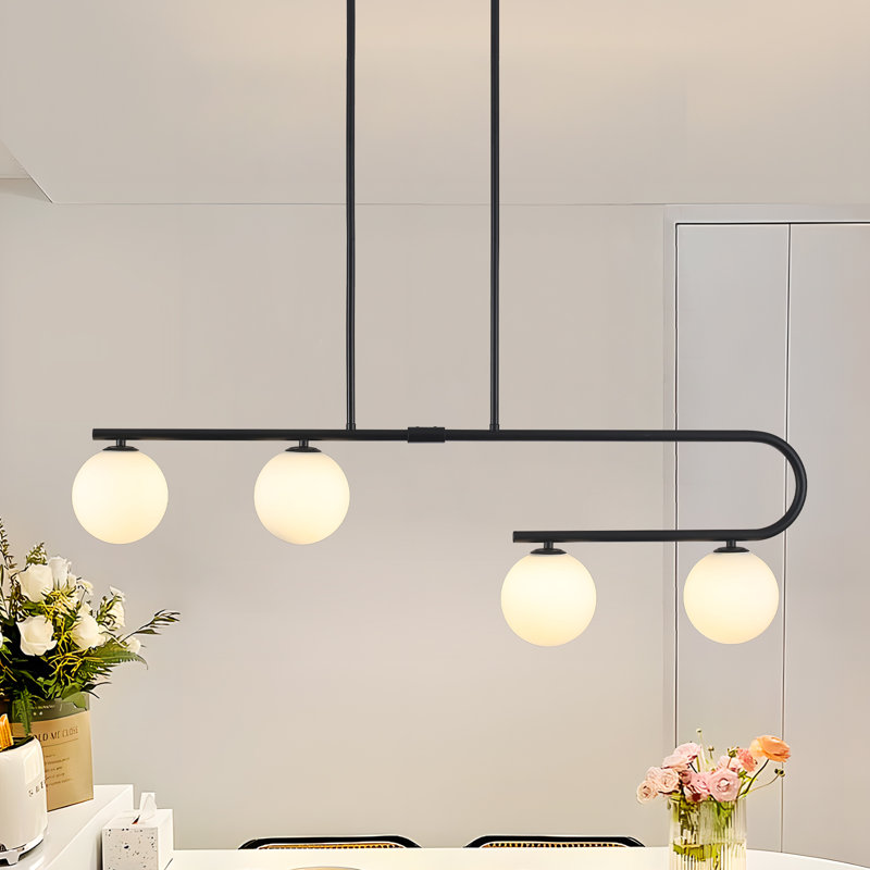 4 - Light Modern Kitchen Island Chandelier With Globe Glass Shade For Dining Room Living Room Entry, Matte Black