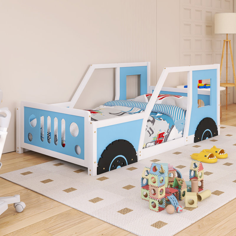 Lit plateforme classique en forme de voiture avec roulettes, Lit simple, Bleu