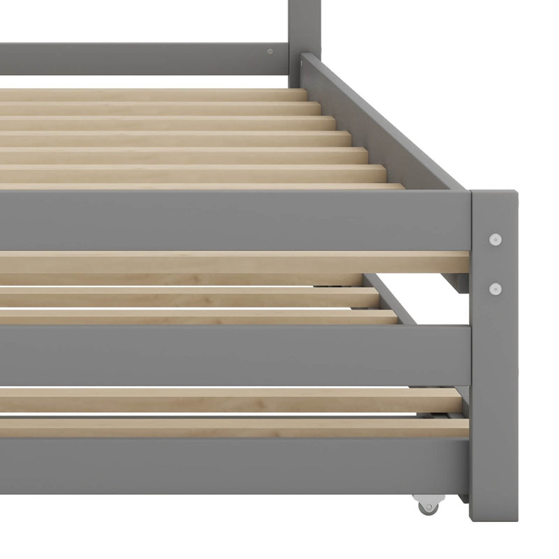 Structure de lit double avec tête de lit, lit double en bois avec lit gigogne réglable, Gris
