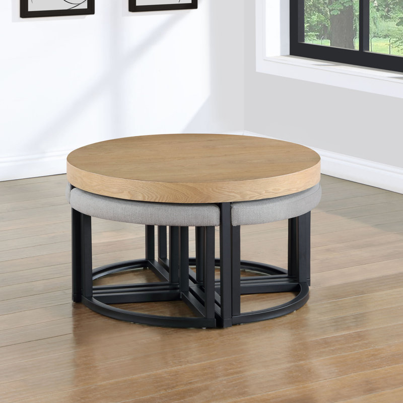 Stannos 36" Round Coffee Table with 4 Stools, Brown