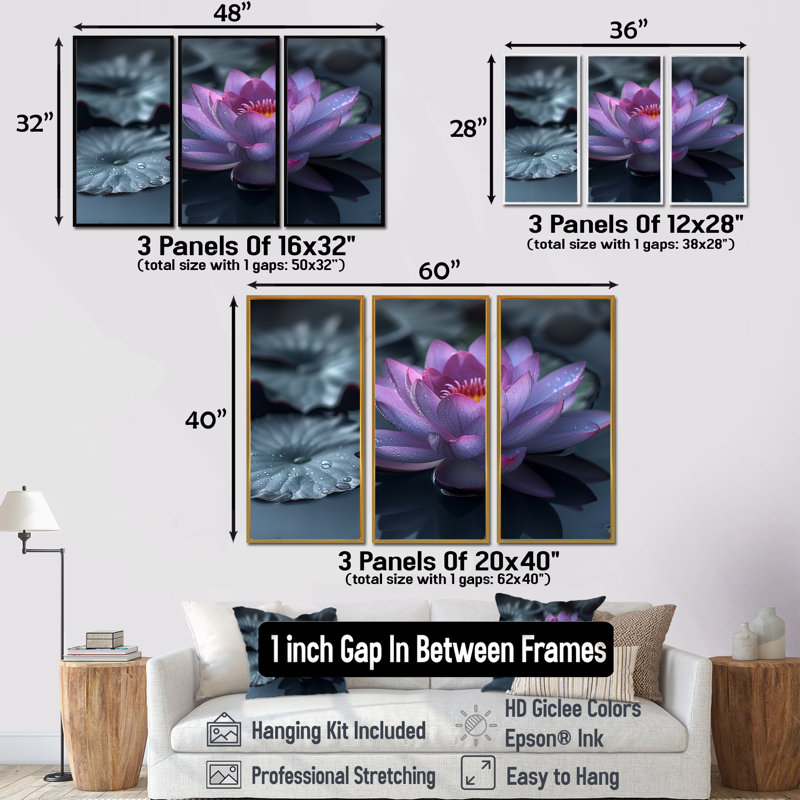 Aman - Ensemble de décoration murale Lotus, Toile argentée avec cadre flottant, H 40 po x l 60 po x P 1 po