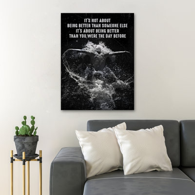 «Man Natation - It's Not About Being Better Than Someone Else Gallery Wraped Canvas - Sport Illustration Decor, Black Living Room Decor