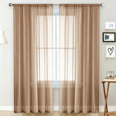 Solid Color Polyester Sheer Window Curtain Set of 2 Panels, Rod Pocket Light Filtering Transparent Voile Draperies for Bedroom Living Room, Amber Brown