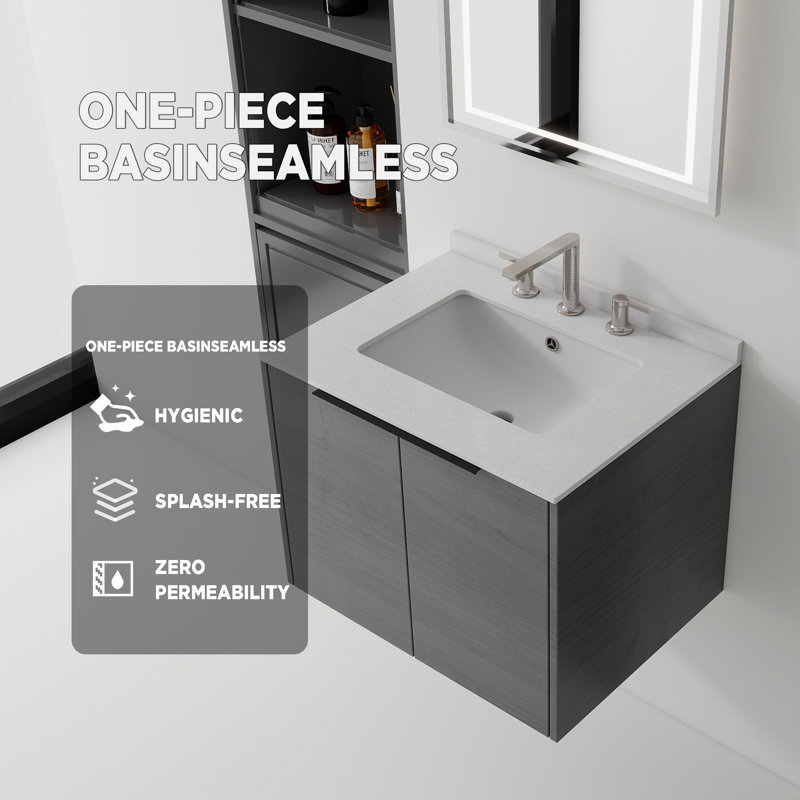 Meuble-lavabo flottant 24 po avec lavabo, porte à fermeture douce, comptoir en granite blanc 0,6 po et dosseret
