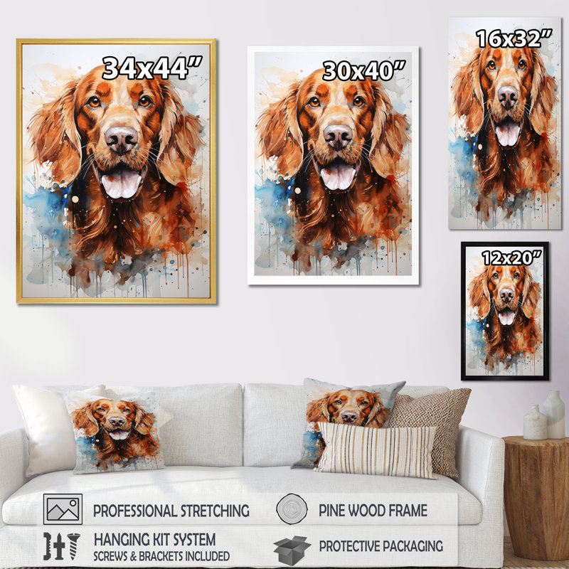 «Dog Irish Setter Impressions III», reproduction sur toile, H 20 po x l 12 po x P 1 po, Cadre simple argenté