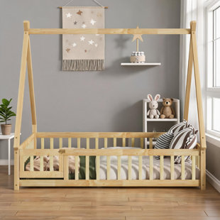 Tent-Shaped Full Size Platform Bed, Solid Rubber Wood Natural Finish, With Guardrails and Entry Door for Bedroom