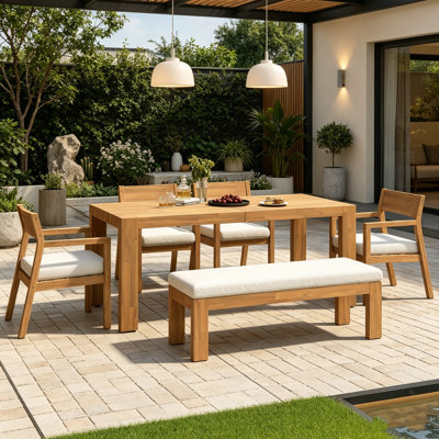 Ensemble de salle à manger de 71 po rectangulaire pour 6 personnes avec trou pour parasol, ensemble de mobilier d'extérieur avec chaises et banc, coussins amovibles pour la cour, le jardin et la piscine