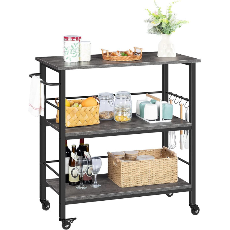 Industrial Kitchen Island Cart With Storage, 3-Tier Rolling Kitchen Cart With Large Workstation, Side Enclosures, And 4 Lockable Casters, Charcoal Gray