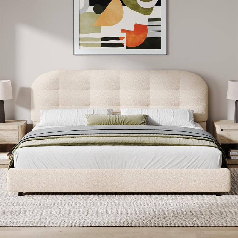 Boucle Upholstered Platform Bed with Headboard, Cloud Bed Frame, Soft Rounded Corners, King, Cream