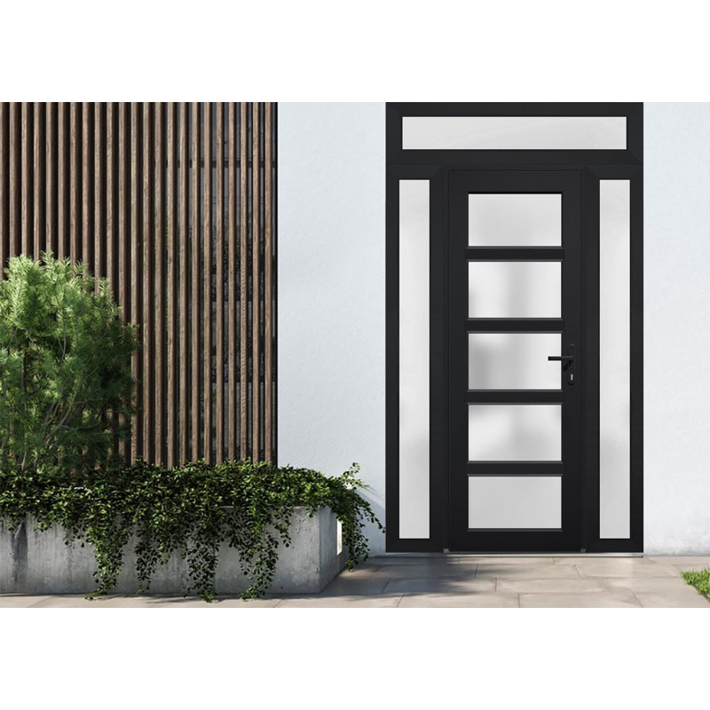 Porte d'entrée extérieure prémontée en PVC-U, verre dépoli, Manux 8002, noir mat, 2 fenêtres latérales et supérieure, portes extérieures pour bureaux, commerces et habitations, entrée, patio, garage - L 40,6 + 91,4 + 40,6 cm x H 203,2 + 35,6 cm - Ouverture à gauche vers l'intérieur