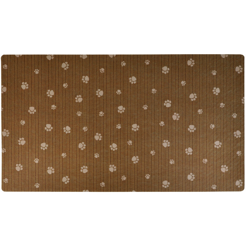 Dog Bowl Placemat, Pet Food Feeding Mat - Absorbent Fabric, Waterproof Backing, Slip-Resistant - Machine Washable/Durable (16” x 28”) (Brown Stripe Tan Paw) (USA Made)