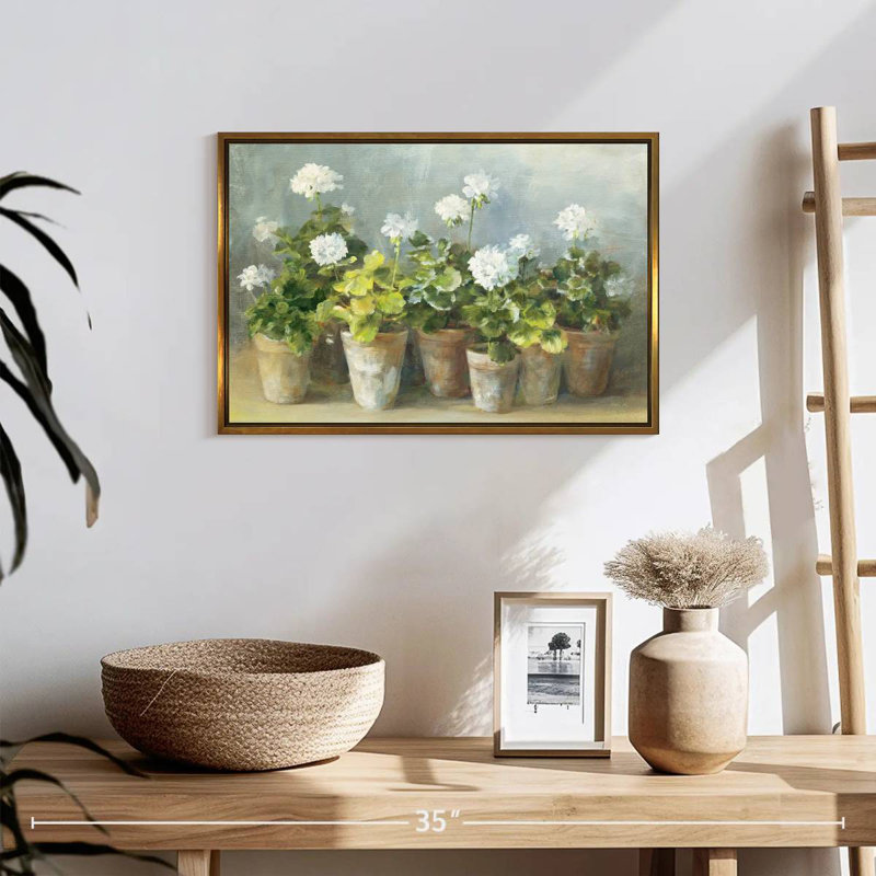 White Geraniums Crop, 19" X 13", Floating Frame Gold