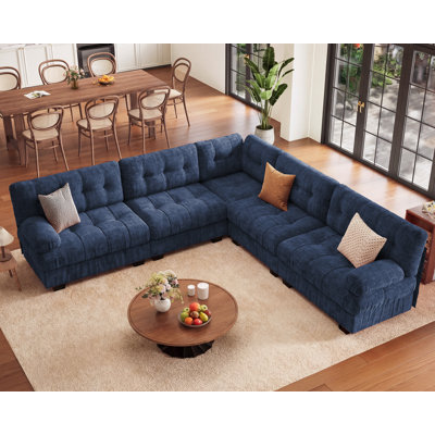 Shamus Modular Sectional Couch, 5-Seater Modern L-Shaped Sofa Couches, Comfy Chenille Sofa-Blue