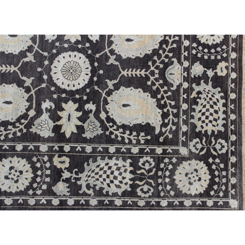 Hand-Knotted Charcoal & Ivory Oushak Wool Area Rug – Traditional Floral Medallion Design, Vintage Oriental Style Carpet for Living Room & Bedroom