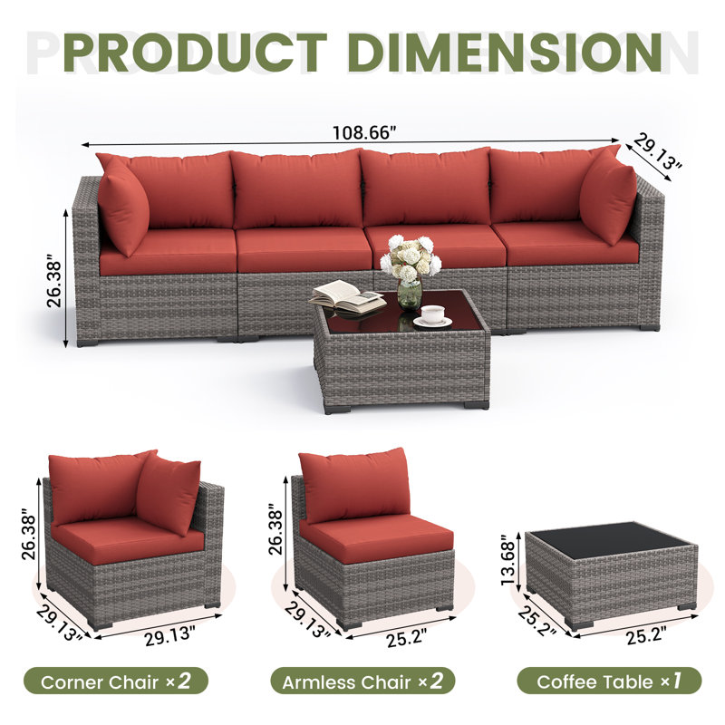 Ensemble de conversation modulaire en rotin 5 pièces avec coussins, Rouge vin