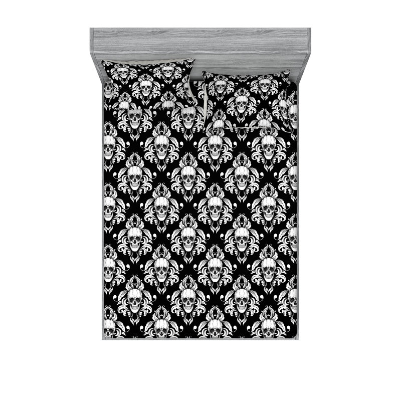 Ambesonne Fitted Sheet & Shams, Charcoal Gray/White Damask, Queen Sheet Set with 2 Pillowcases