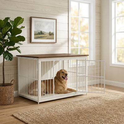 Meuble de caisse pour chien 48 po en bois, chenil moderne avec portes doubles et plateau amovible, table de bout pour cage pour animaux de taille moyenne et grande