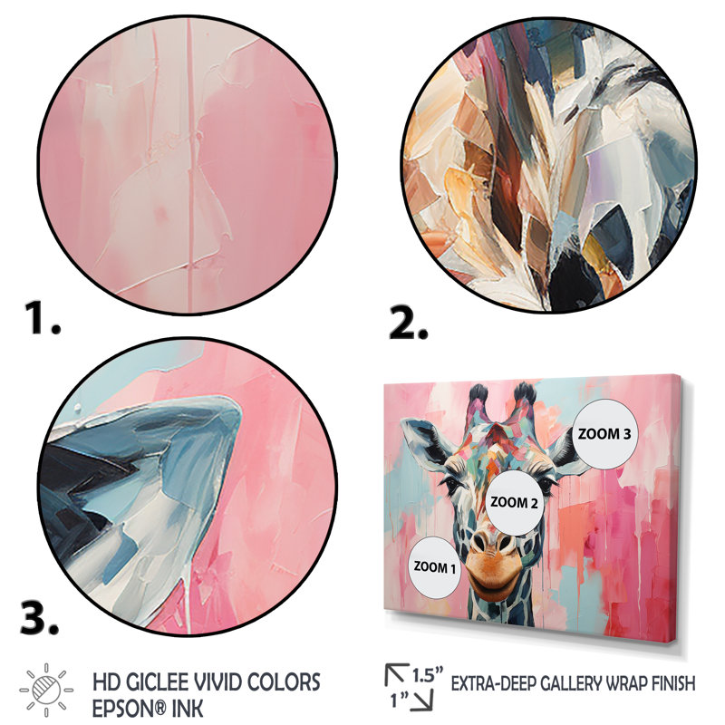 Portrait de girafe brune et rose - art mural girafe, Cadre flottant blanc, H 12 po x l 20 po x P 1 po