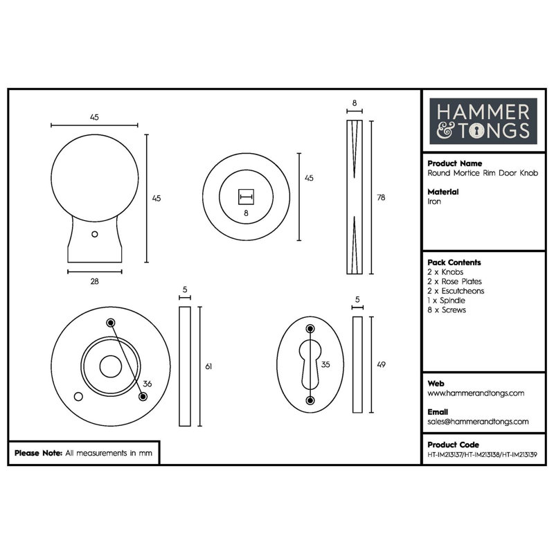 Hammer & Tongs - Round Rim & Mortice Door Knob - W60mm - Brass