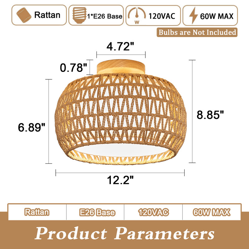 Dundridge Rattan Ceiling Light Fixtures, Hand-woven Boho Flush Mount Ceiling Light, Handmade Rattan Light Fixtures Ceiling Mount with Fabric Shade, Farmhouse Light Fixture for Bedroom Hallway Entryway