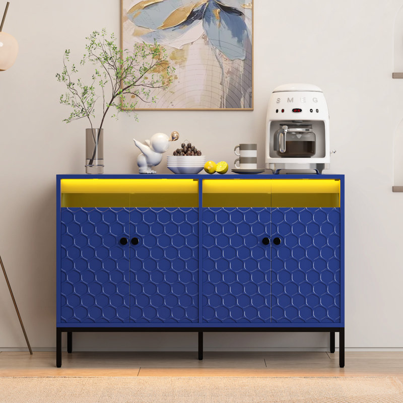 Sideboard Buffet Cabinet With LED And Charging Station, Navy Blue