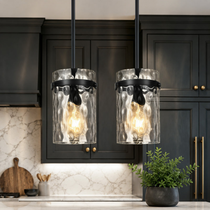 Levona 1 - Light Large Kitchen Island Pendant With Clear Hammered Glass Shade（Set of 2）, Matte Black