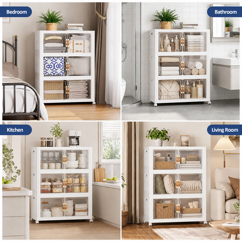 Très grands bacs de rangement en plastique pliables de 26 po de largeur et de 321 pte avec couvercles et portes avant, armoire de rangement à 3 niveaux à roulettes - Blanc