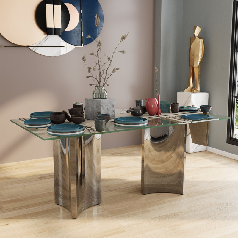 Table de salle à manger 70 pouces en verre et argent avec plateau en verre trempé et base triangulaire en acier inoxydable